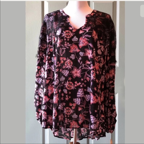 DEMOCRACY Black Floral Lace Peasant Gypsy Top 1X - Picture 4 of 8